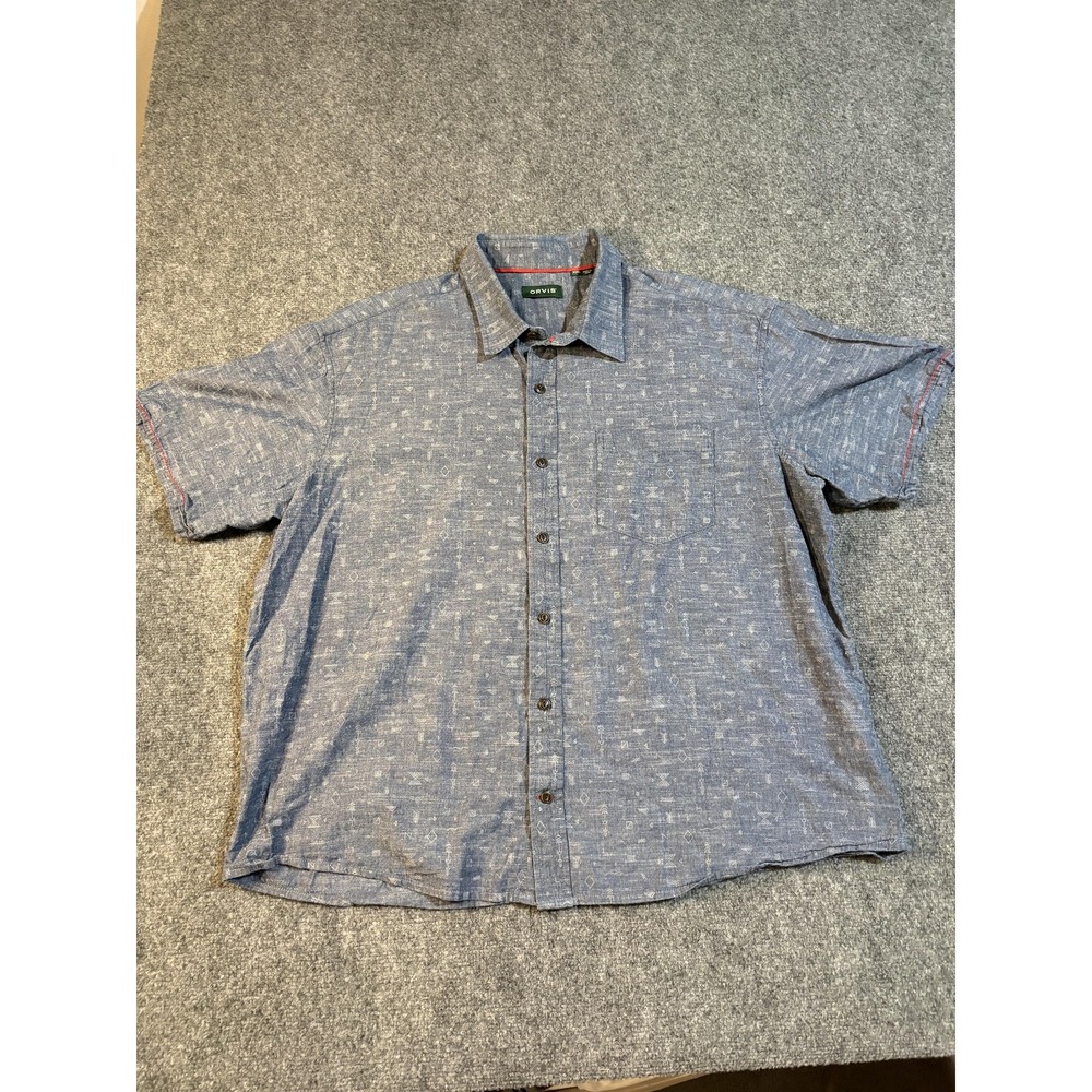 Orvis Shirt Mens 2XL Blue Chambray Geometric Print Short Sleeve Button Up Casual